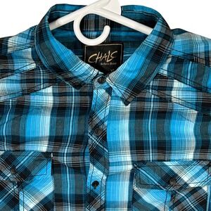 Chals Authentic Brand Mens XL Plaid Button Up Long Sleeve Shirt Blue Black White